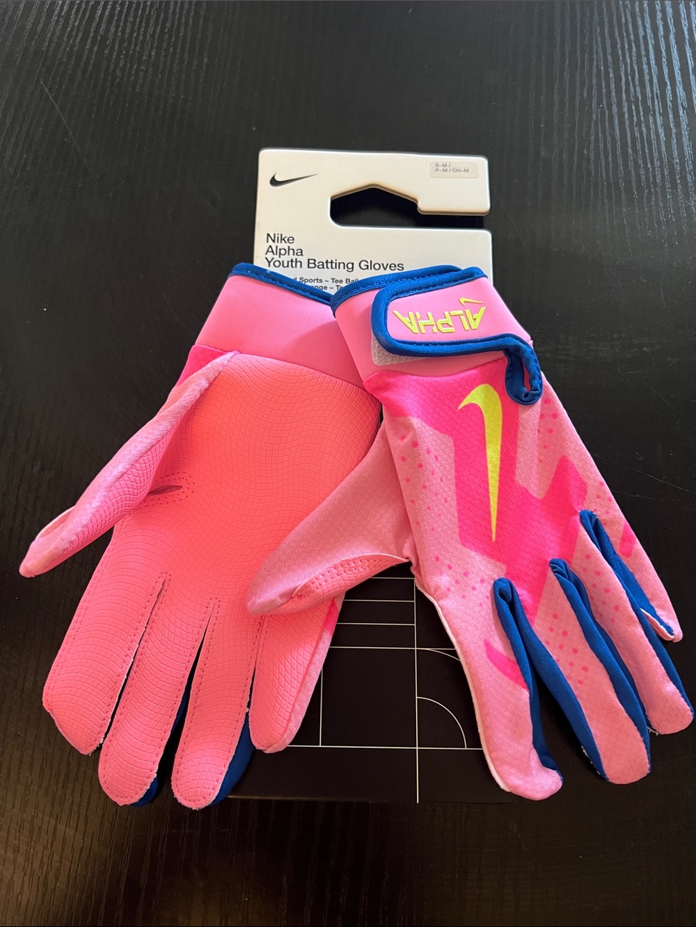 Nike Youth Batting Gloves - Pink with Blue and Neon Yellow Accents